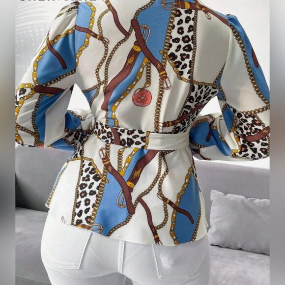 Leopard Print Wrap Blouse with Side Tie, Lantern Sleeves & Ruffles - Picture 2 of 2